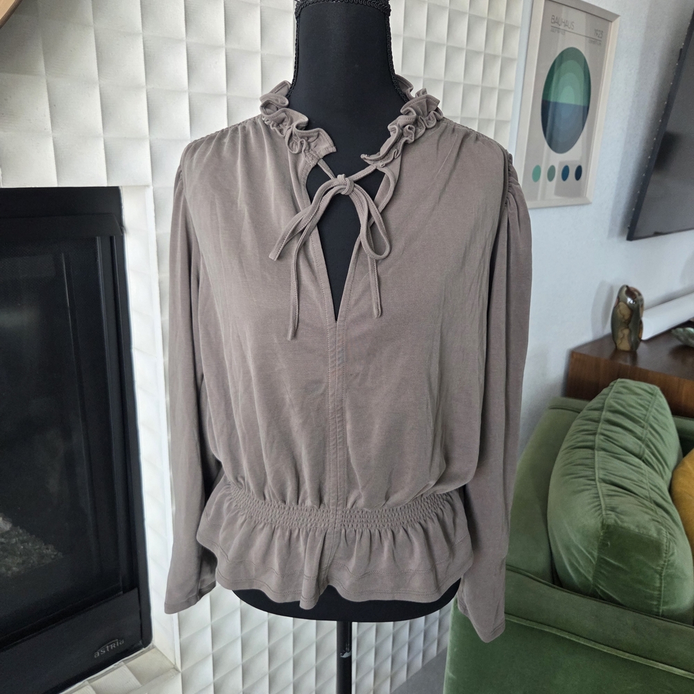 Elie Tahari Peplum Blouse Top with Tie Neck Ruffle Detail in Taupe Mocha, Medium - Picture 5 of 13